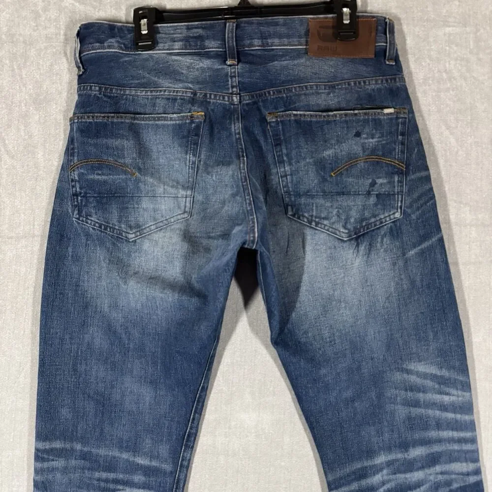 G-Star 3301 TAPERED RL Selvedge Medium Wash Dark Splatter Jeans Size W34 L36